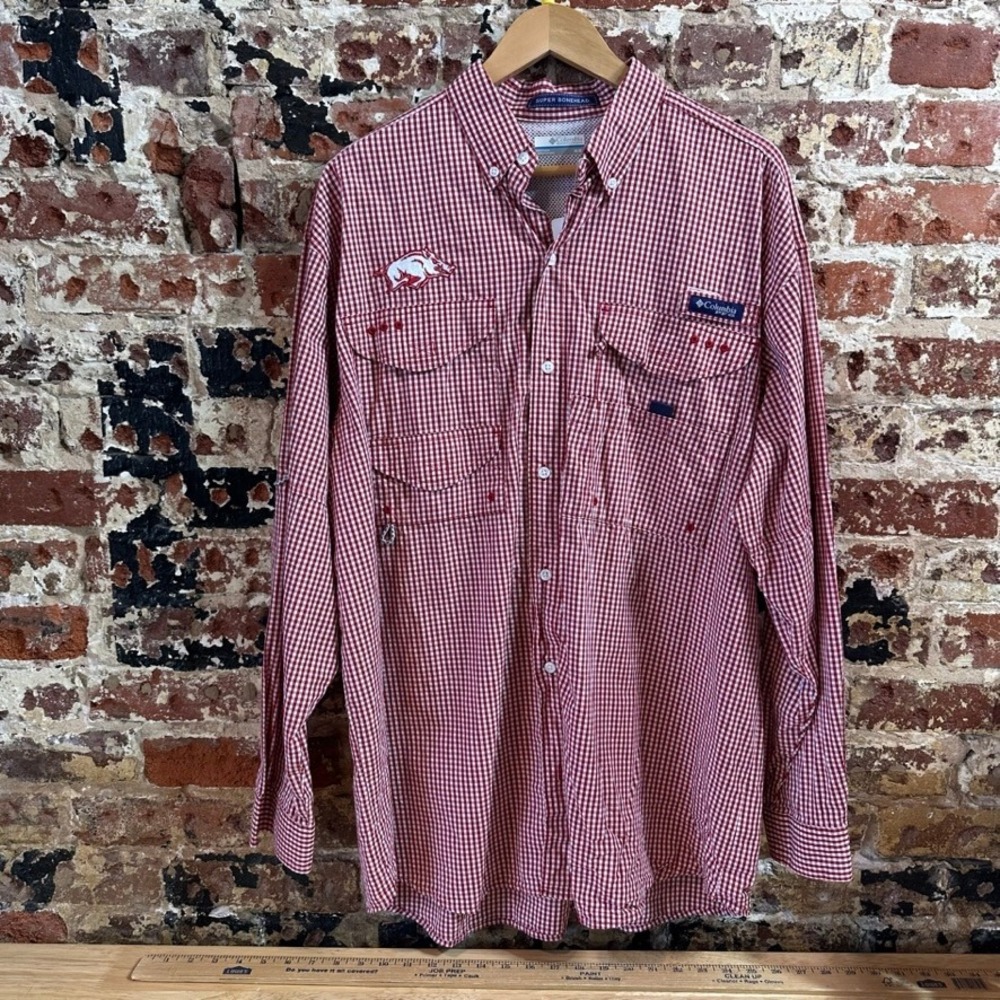 Columbia PFG Arkansas Hogs Super Bonehead plaid shirt Medium L/S fishing outdoor